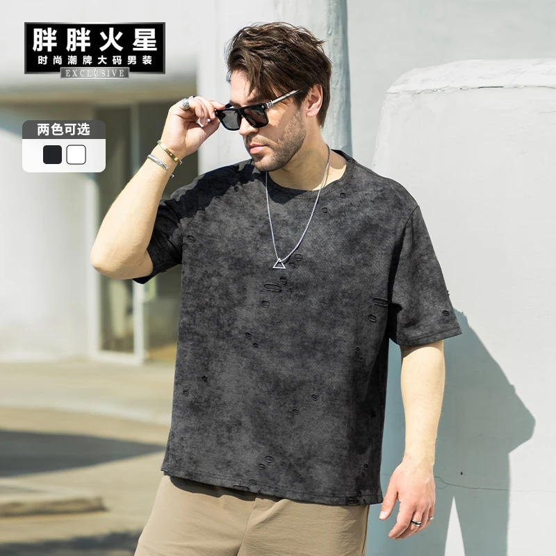 胖胖火星大码男装夏季美式做旧磨破短袖t恤男加肥加大圆领半袖T恤