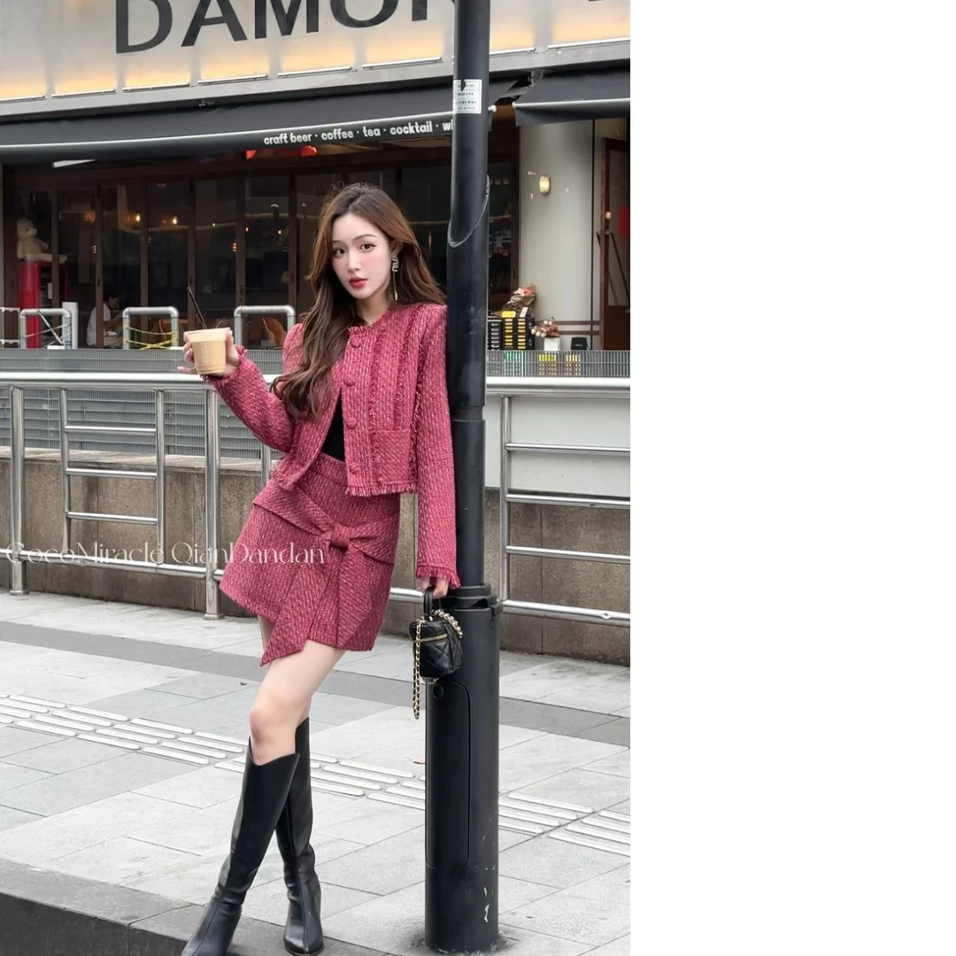 【钱丹丹】圆领毛边粗花呢蝴蝶结短裙套装WL6TZ097