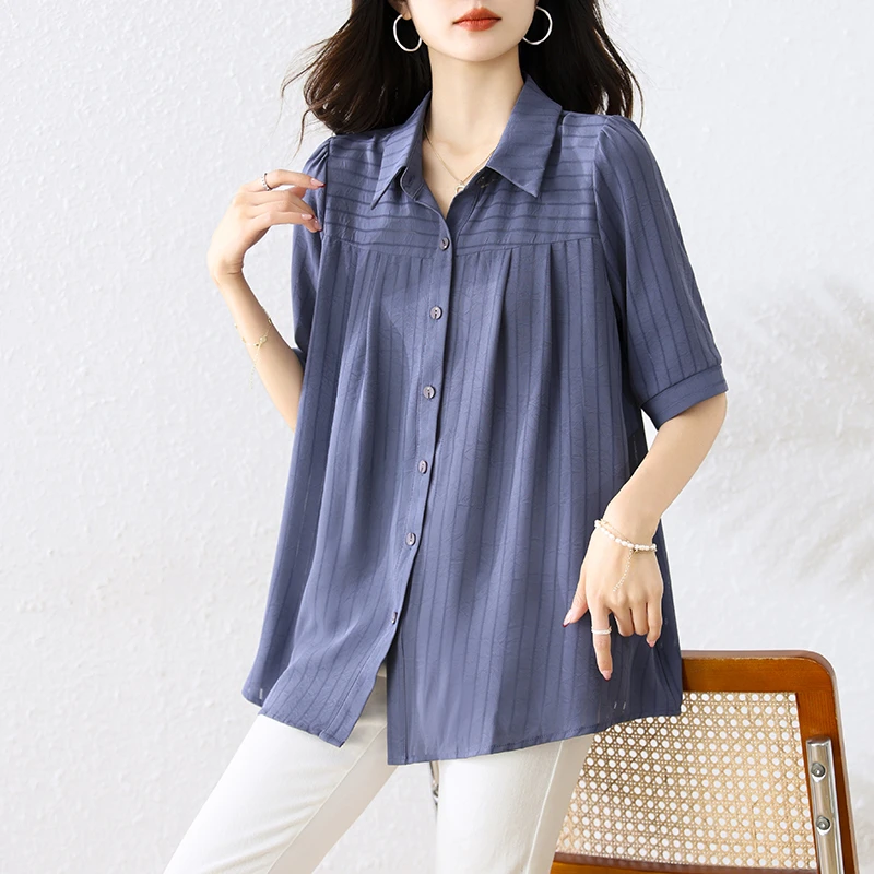 大码时尚中长款短袖条纹衬衫女新款宽松大码上衣遮肉显瘦百搭衬衣
