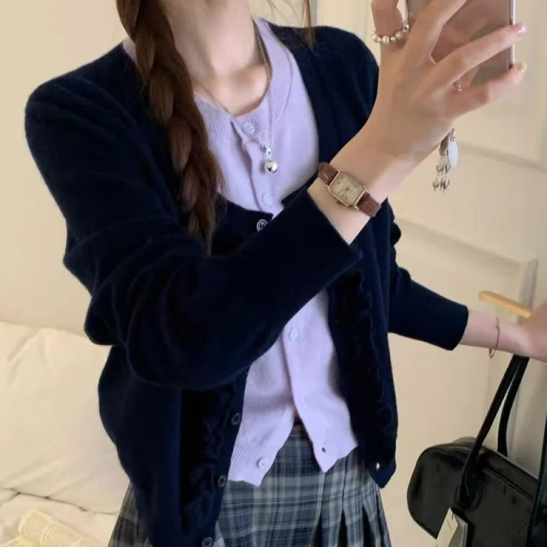 （大發）秋冬森系毛针织衫百搭外搭包袖仙女风针织休闲开衫假两件