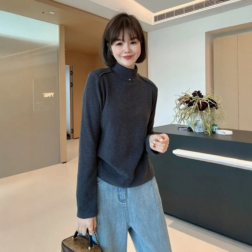 大码加厚双面绒磨毛半高领打底衫女秋冬胖mm显瘦内搭长袖t恤上衣