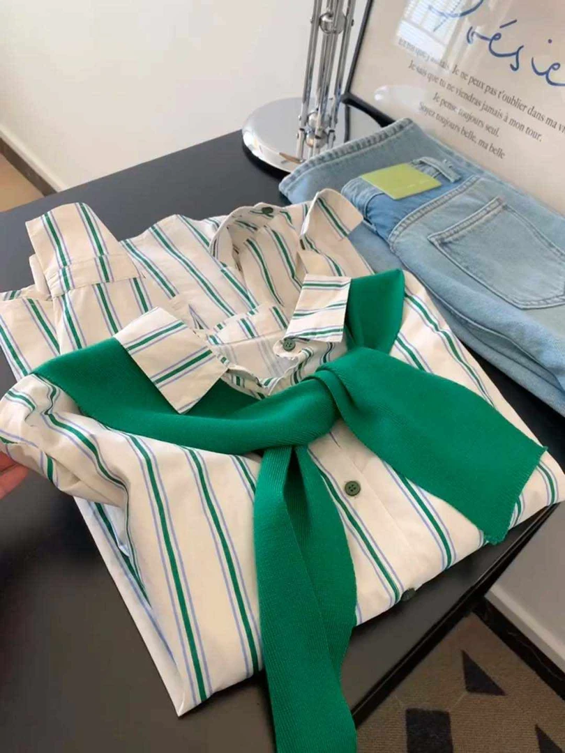 条纹撞色衬衫女春季2025新款休闲百搭设计感小众气质显瘦宽松衬衣
