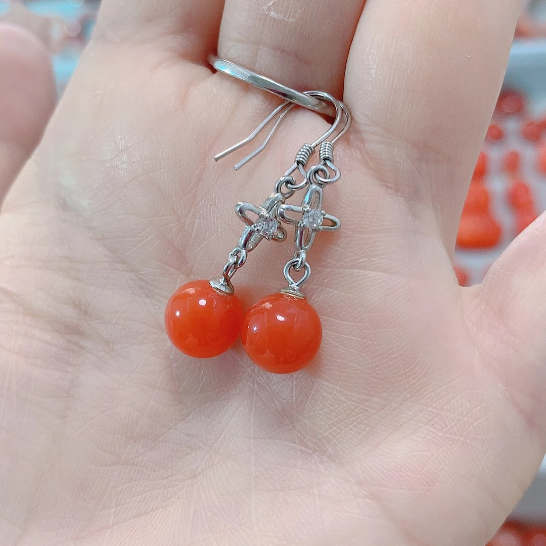 南红玛瑙耳坠银S925镶嵌