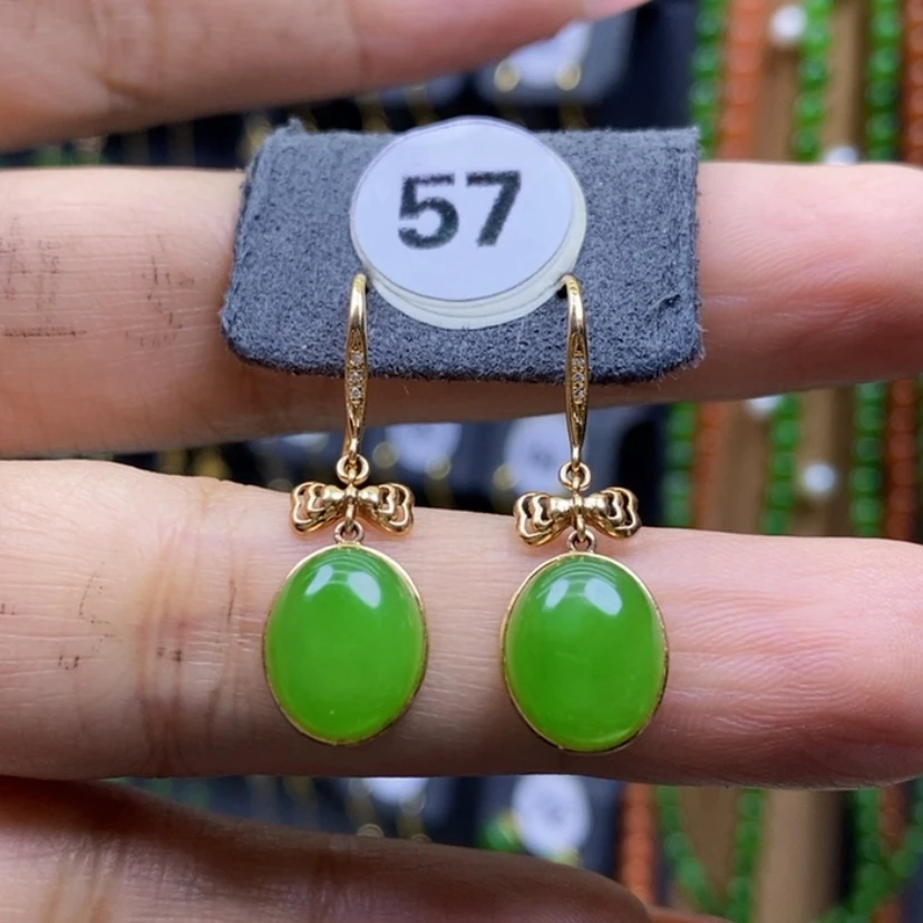 【闪购商品】和田玉耳饰18K金镶嵌10x8x5萍果绿蛋面厚金耳饰