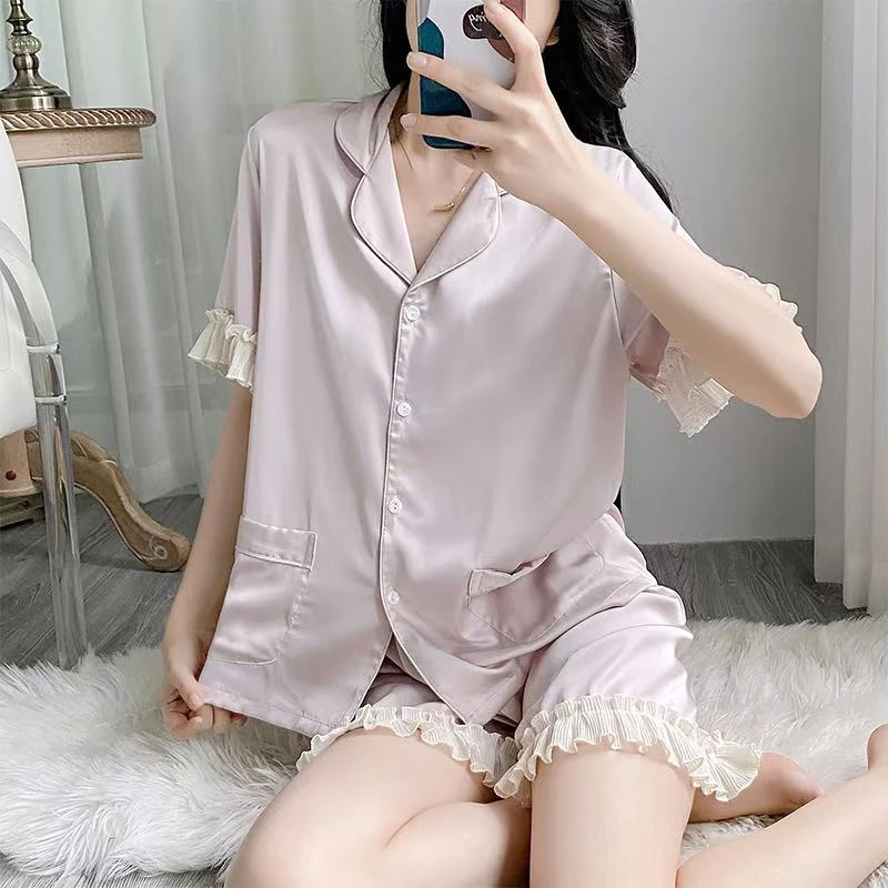 睡衣女款爆款2025新款高级感冰丝绸甜美家居服可外穿短袖短裤套装