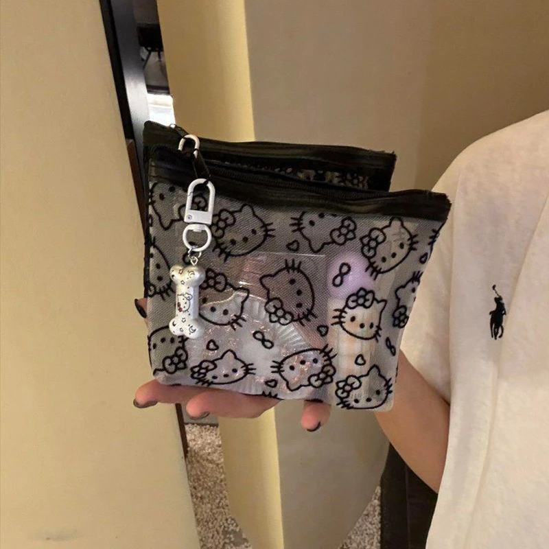 透明网纱kitty补妆包便携外出化妆包收纳旅行实用零钱包耳机包