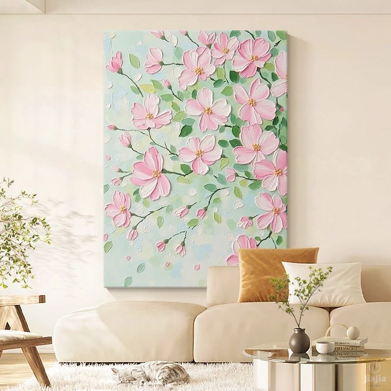 纯手绘油画粉色高级感花卉客厅装饰画绿植玄关沙发背景墙肌理挂画