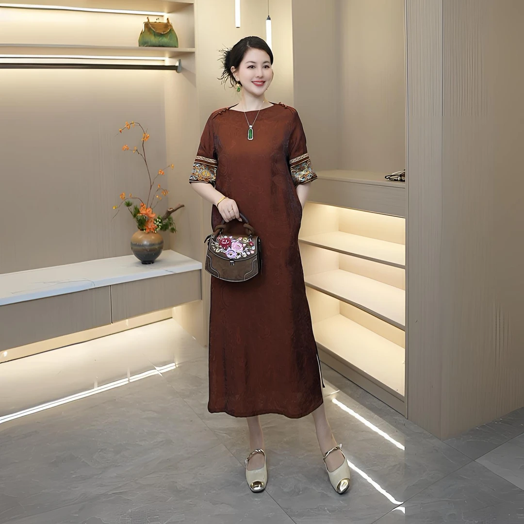 鸿运当头新中式新款百搭斜襟不褪色短袖绫罗提花连衣裙中长款复古