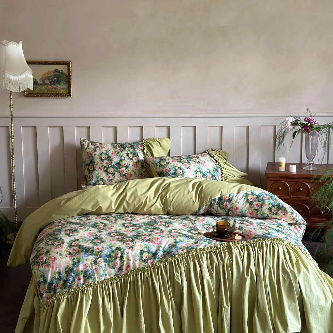 西西Style【盛夏绿】法式浪漫全棉精梳水洗棉鱼尾花边床单四件套