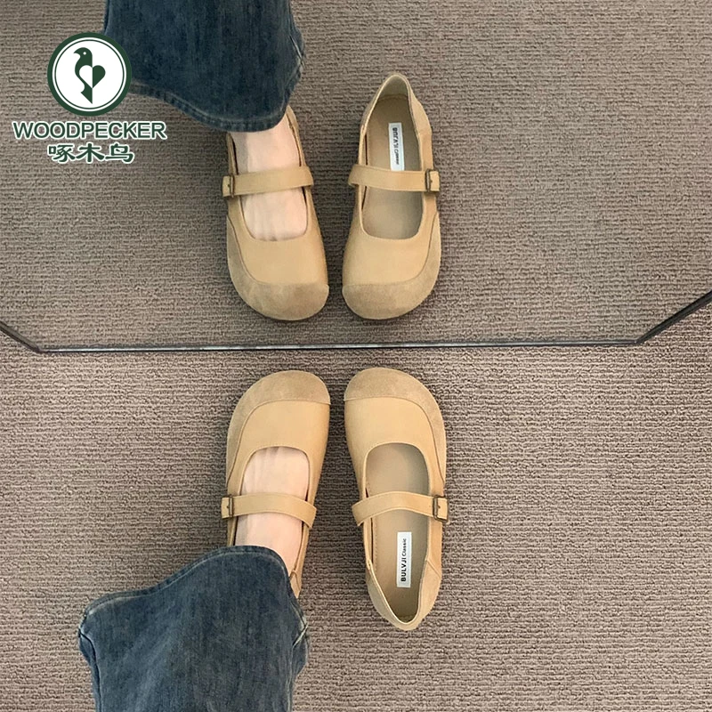 啄木鸟法式奶驼圆头磨砂软皮勃肯鞋女外穿春秋软底仙女玛丽珍单鞋