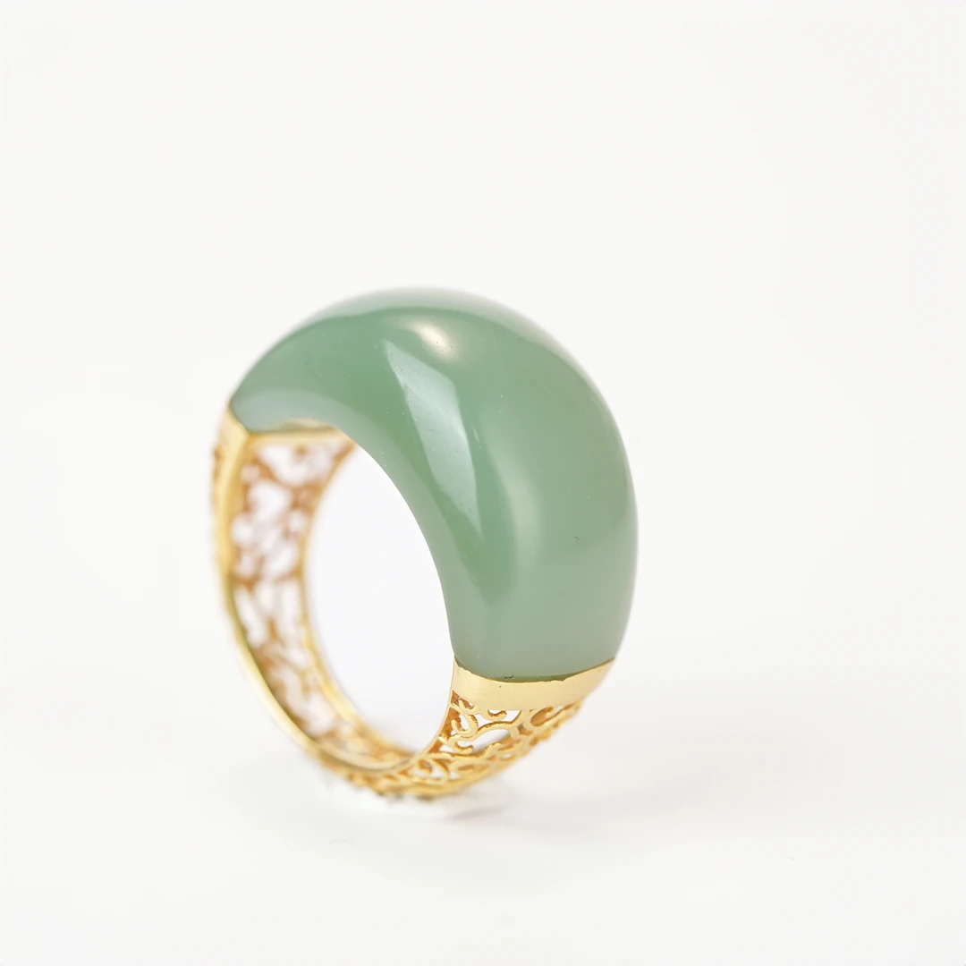 典藏级 和田玉粉青馒头福袋戒 厚板蛋面 18K金镶 H19707