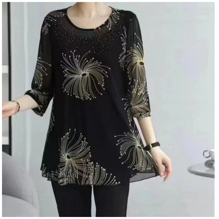 中老年妈妈装夏季2024七分袖网纱T恤显瘦小衫圆领半开立刻妈妈衫