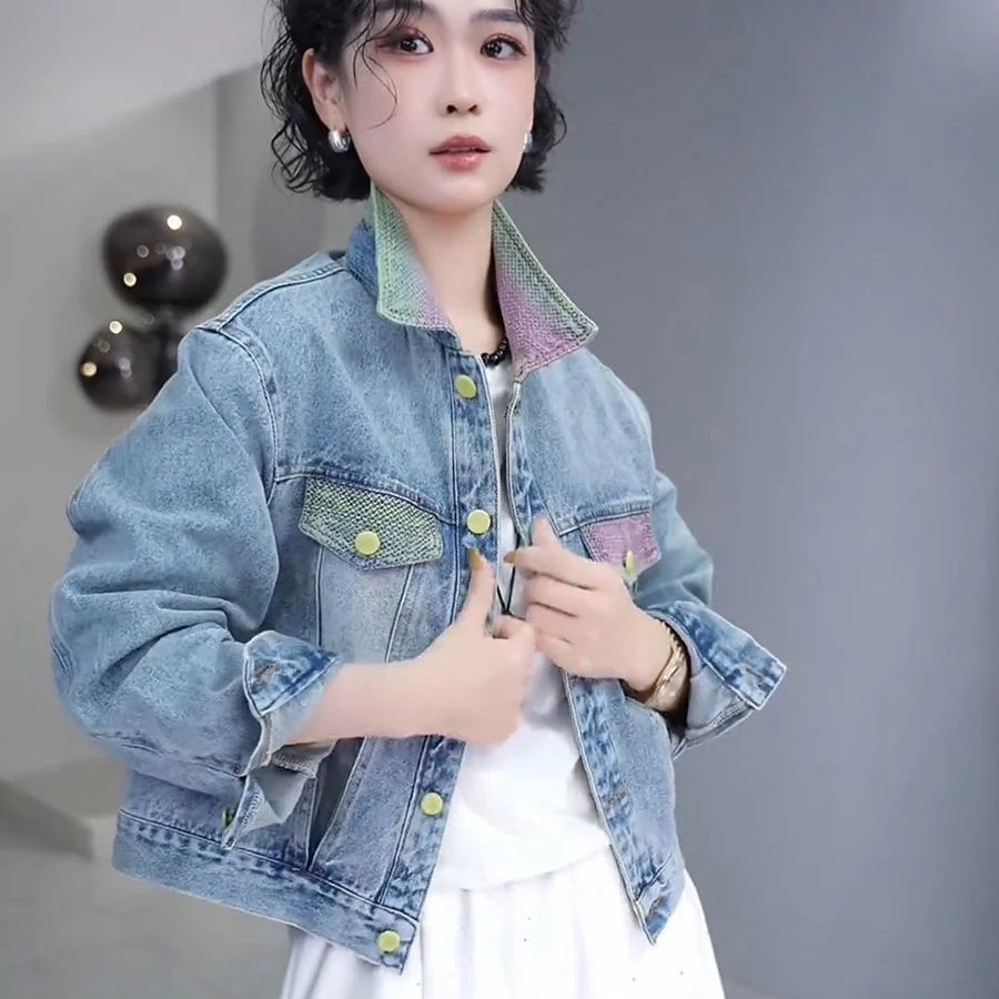 2025今年流行爆款减龄漂亮洋气蓝色短款牛仔外套女春季彩虹小上衣