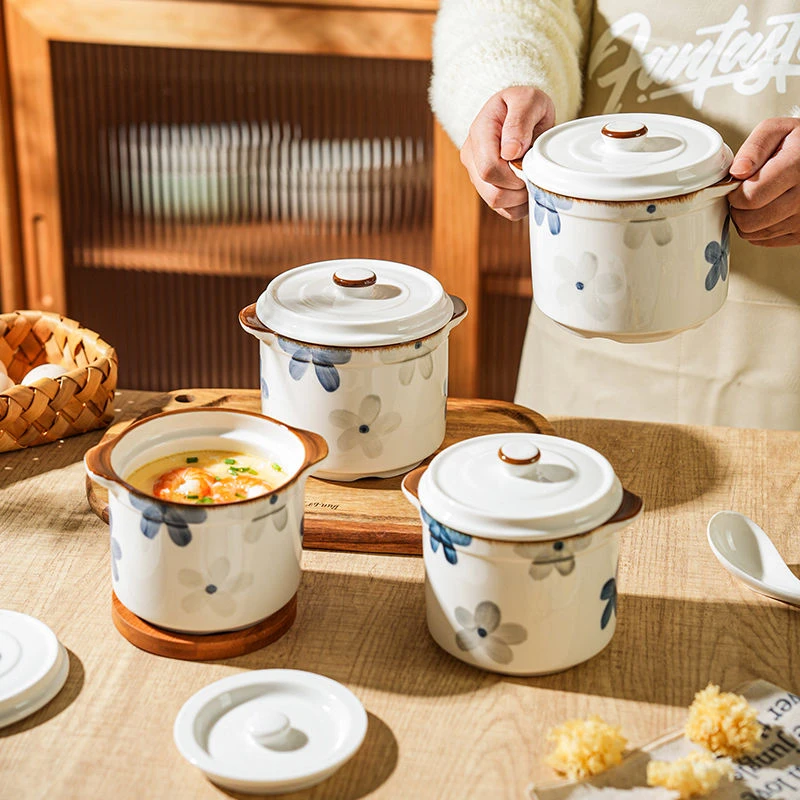 复古墨蓝陶瓷炖盅家用炖燕窝鸡蛋羹带盖隔水煲汤炖罐蒸蛋瓦罐汤盅