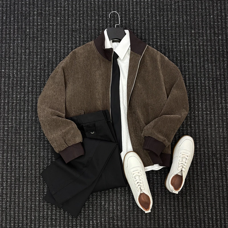 MIGSIMHE·2025冬季新款男士意式高端休闲撞色拼接棒球领夹克外套