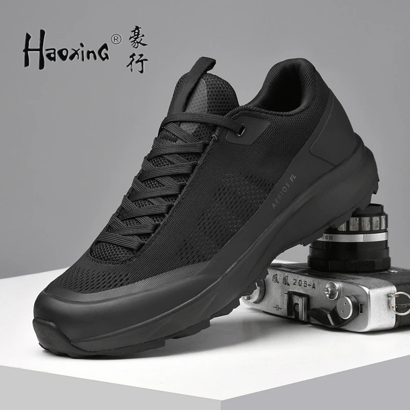 豪行2025新款黑色休闲鞋男士贾卡网布透气轻便百搭男鞋男款系带鞋