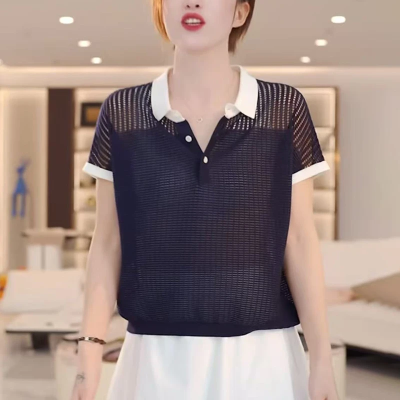 2025夏季新款女短袖针织衫时尚显瘦减龄休闲POLO衫镂空上衣