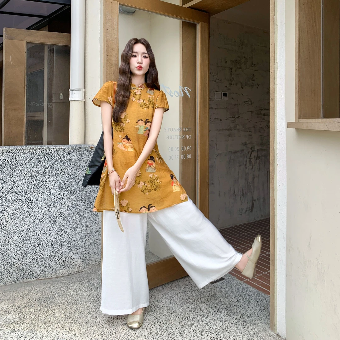 新中式国风高级感套装女2025夏新款改良旗袍印花上衣阔腿裤两件套