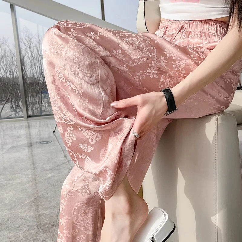 新中式提花醋酸阔腿裤女夏薄款高腰垂感粉色锻面窄版裤