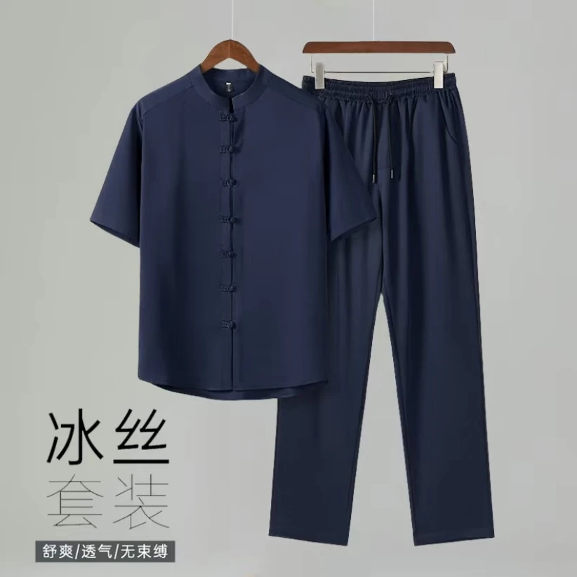 中国风唐装中老年夏季冰丝唐装宽松男中老年短袖爸爸夏装中老年