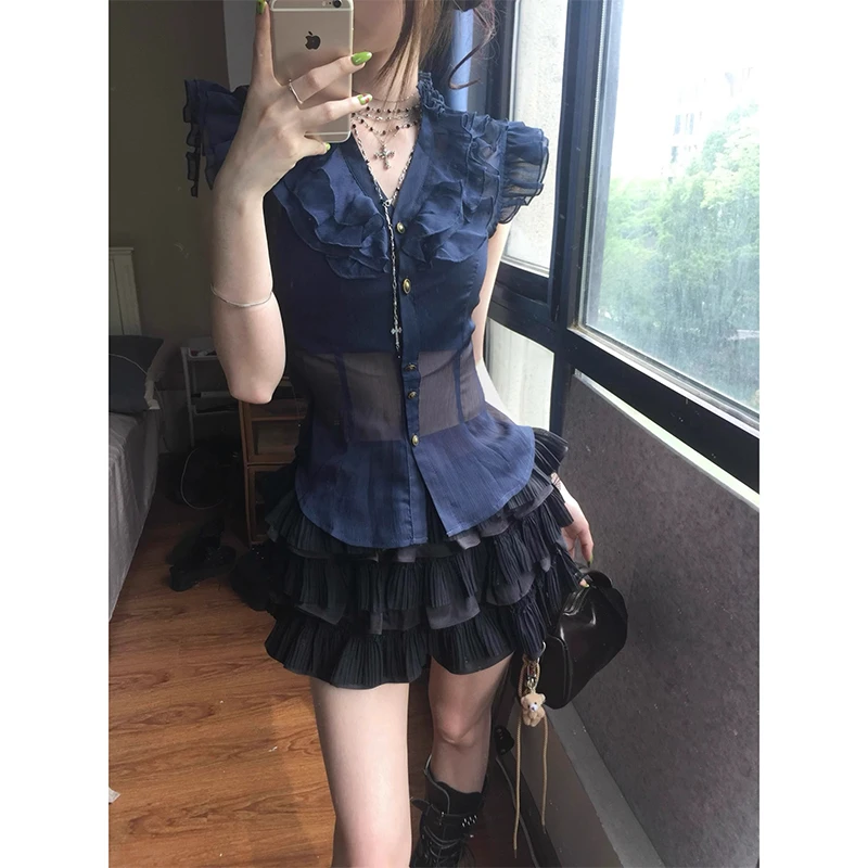 千金贵气名媛风女装微透V领无袖衬衫夏季气质性感木耳边别致上衣