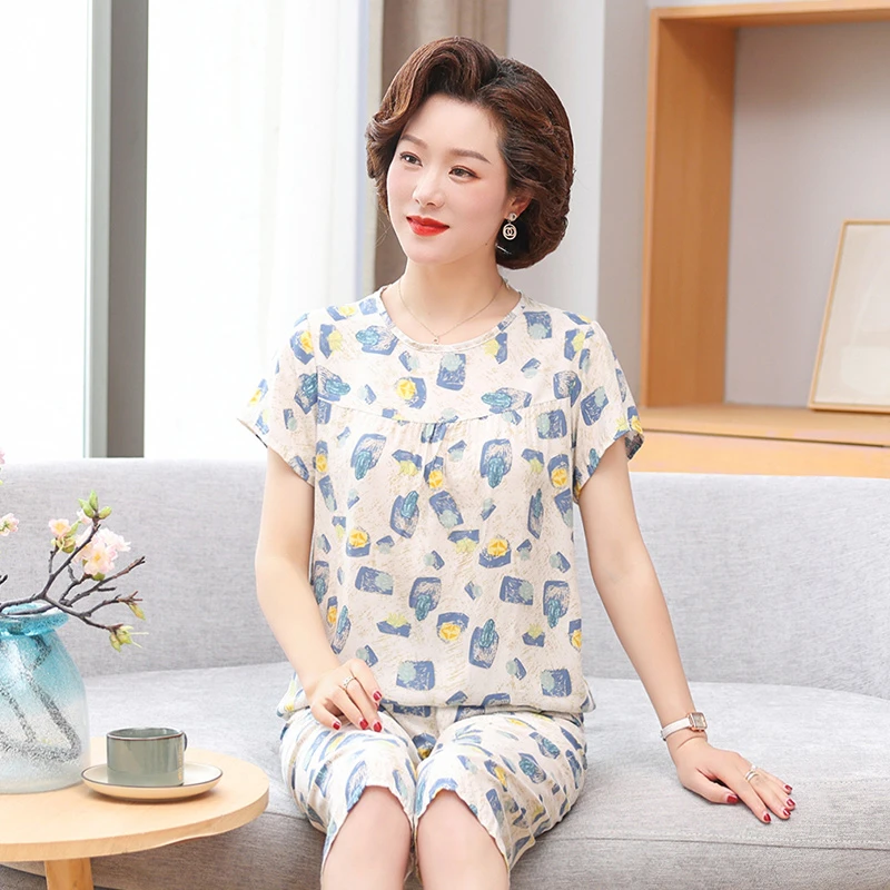 2020#夏季棉绸中老年短袖薄款睡衣绵绸家居服套装透气【小宇】