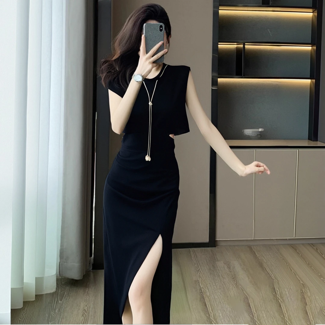 A2025夏新款法式美人小黑裙优雅高级露腰修身开叉女装连衣裙1239