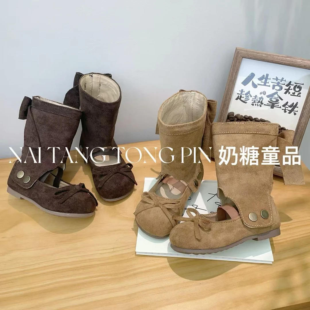 【鸢尾胡桃】韩版女童芭蕾风复古绒面皮靴时尚儿童洋气软底公主单鞋