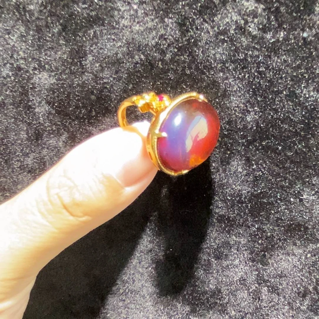 蓝珀银S925镶嵌珠宝奇石红蓝蛋面戒指