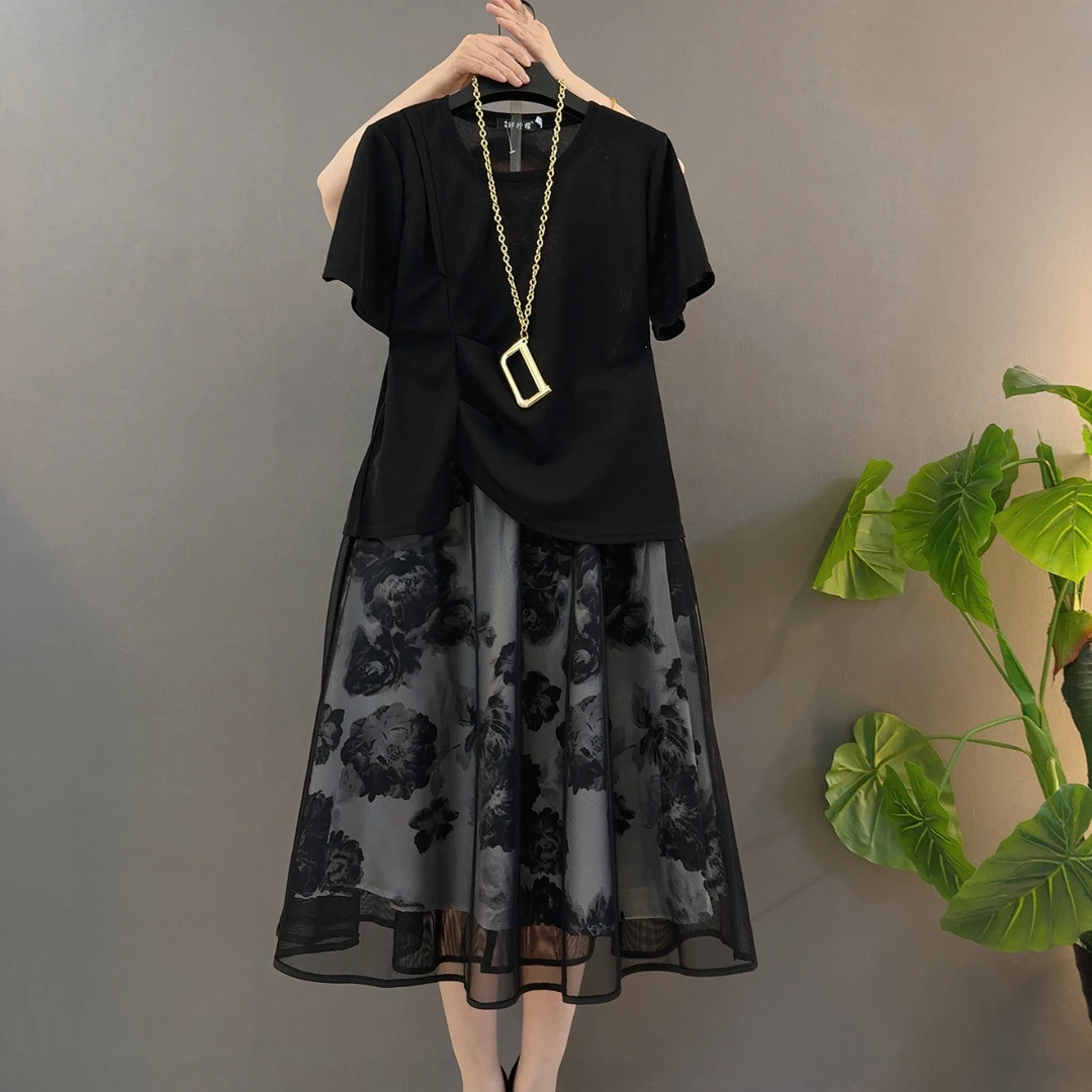 不规则圆领斜襟半袖+花朵半裙两件套
