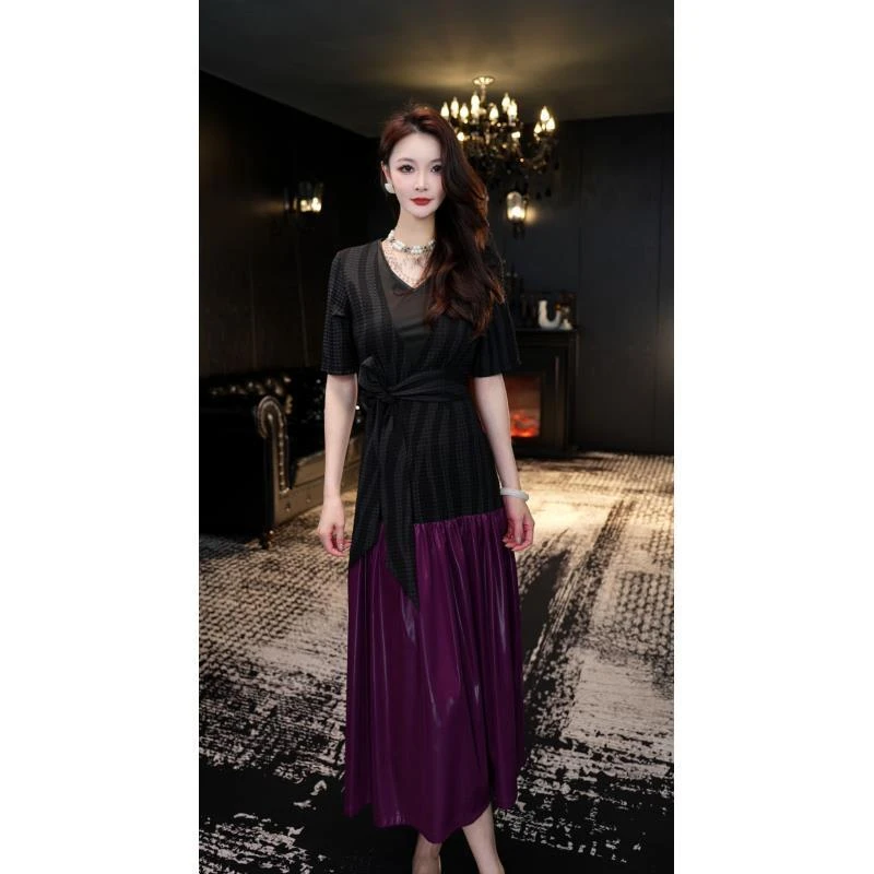 ZHENNVFANG【熳熳】气质高贵轻奢法式拼色设计师修身连衣裙8022