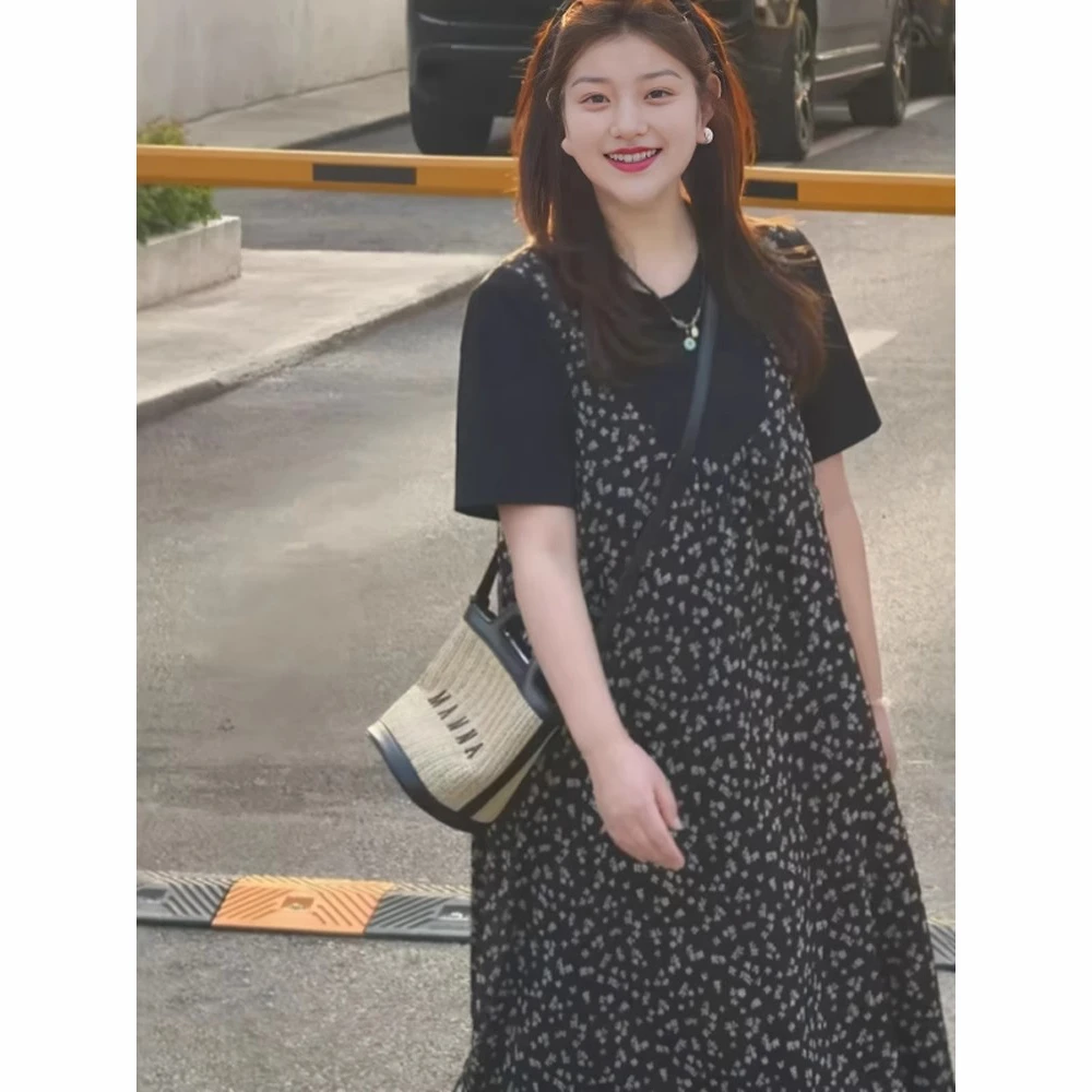 大码法式度假风假两件碎花连衣裙女夏季胖mm宽松显瘦气质短袖裙子