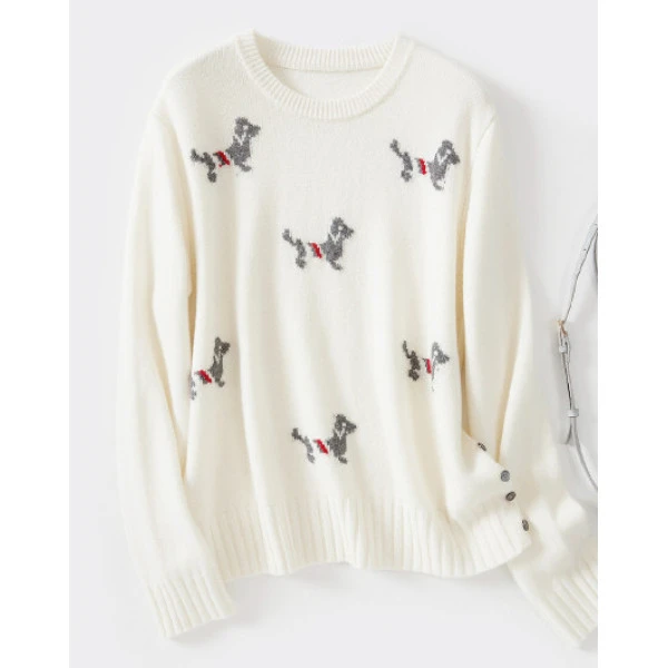 【100绵羊毛】复古童趣腊肠犬提花圆领宽松针织衫 9283