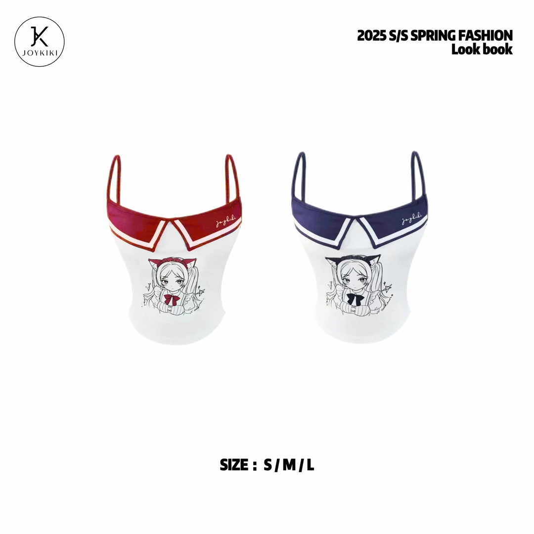 JOYKIKI金金【漫画少女】春季拼接撞色学院风少女印花上衣J25A187