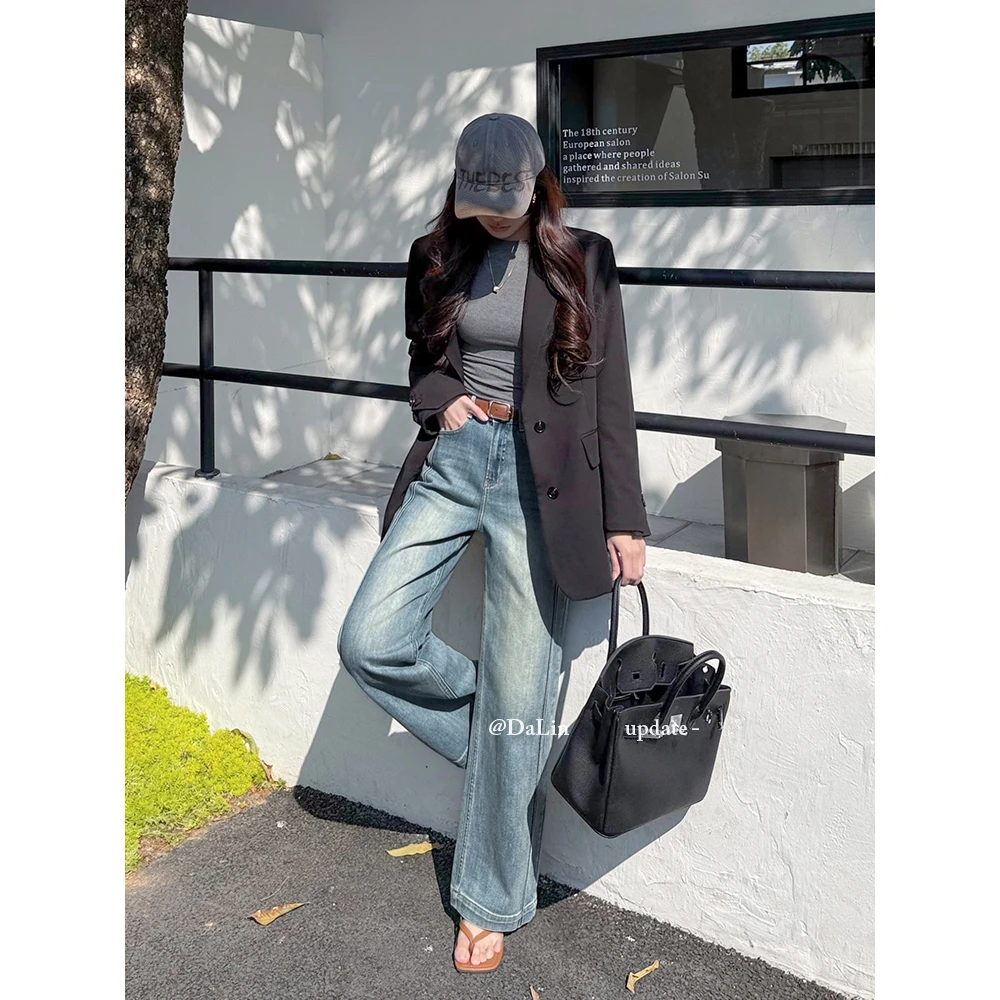 阔腿裤女复古宽松显瘦设计感牛仔长裤89212