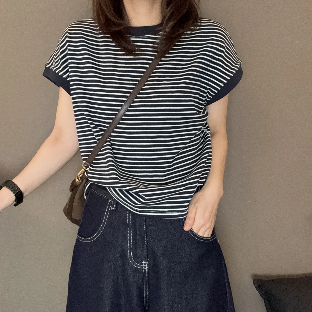 夏季新款小众撞色条纹圆领宽松短袖T恤女时尚百搭上衣-2595