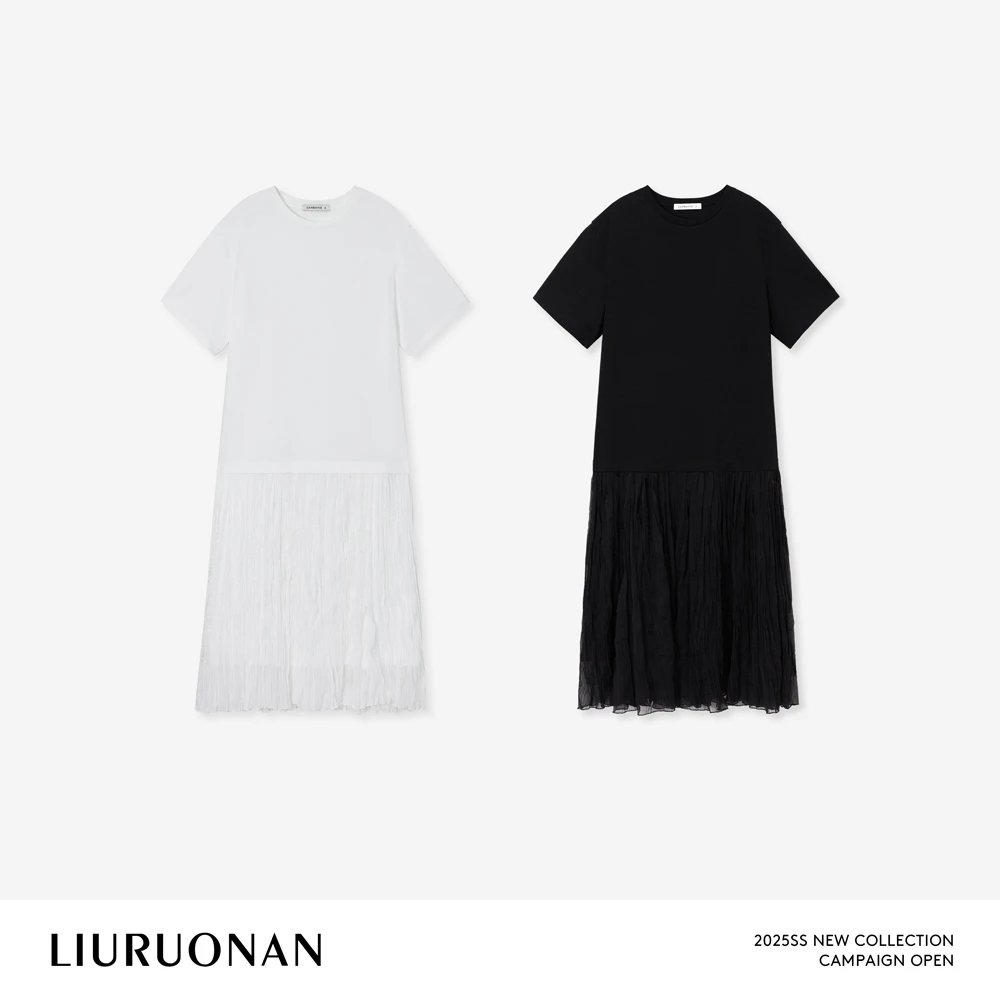 LIURUONAN 25SS【德里小调】宽松廓形拼接大摆裙夏季圆领短袖连衣裙