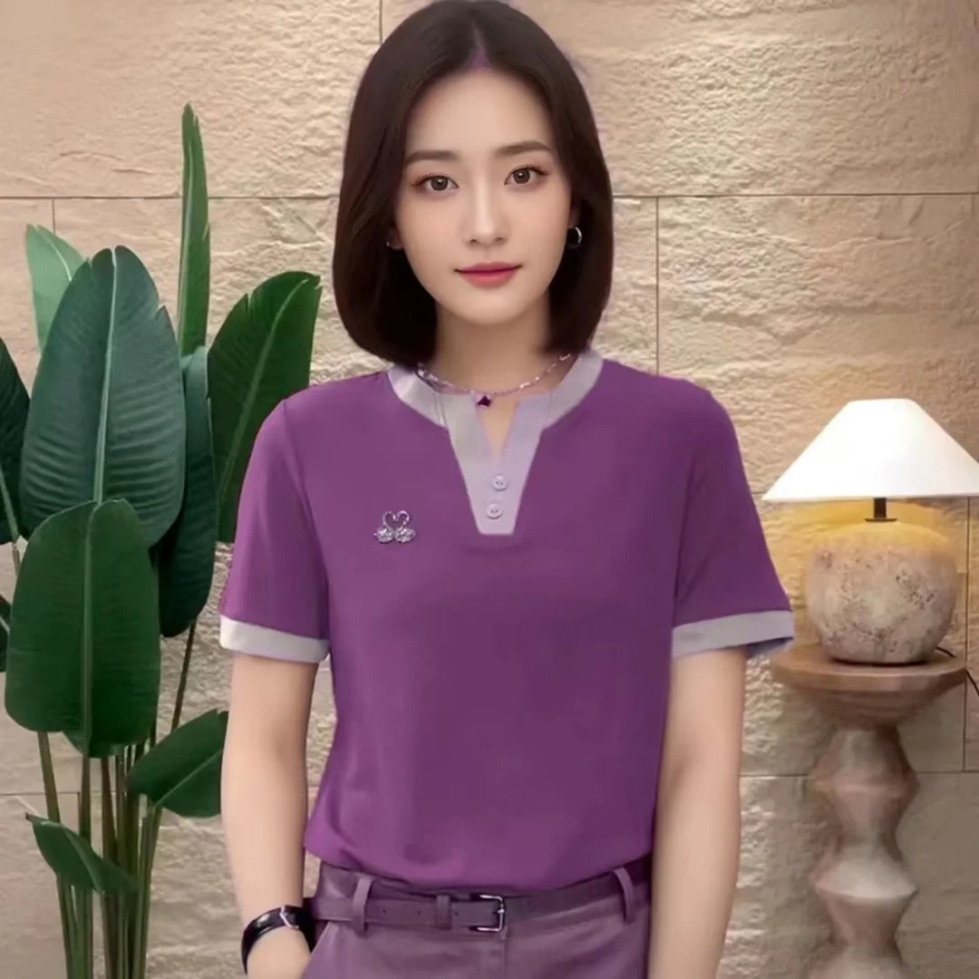 689减龄春夏季新款小天鹅t恤女装时尚拼色显瘦百搭洋气短袖气质