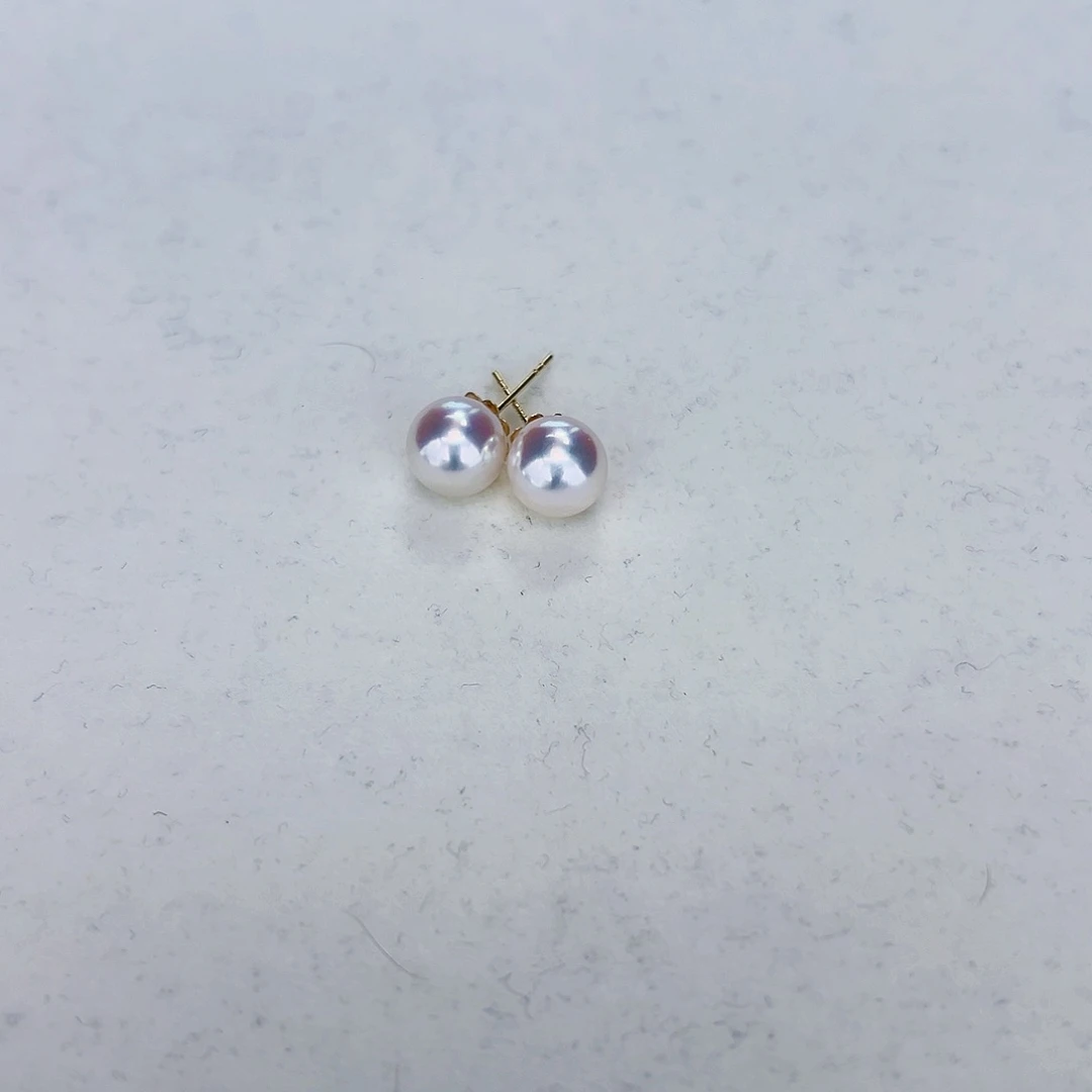 海水珍珠海水akoya天女耳钉7.5-8mm18K金镶嵌