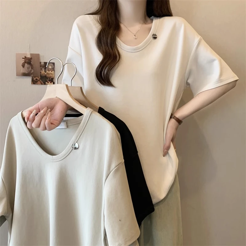 大码微胖时尚u领弧形下摆不规则上衣女夏季胖妹妹宽松大版短袖t恤