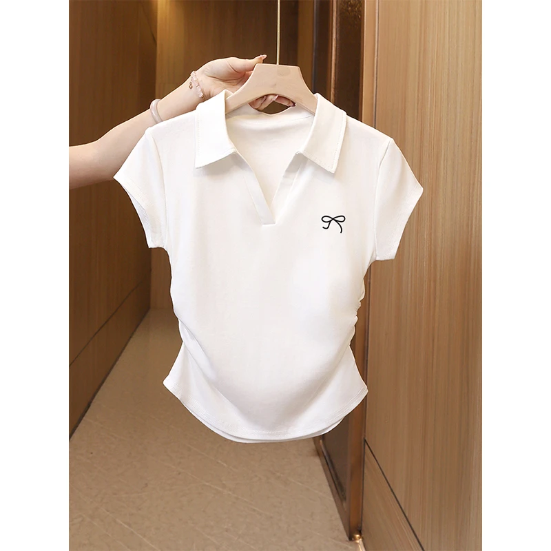 白色Polo领正肩短袖T恤女2025新款夏季纯棉抽褶收腰洋气翻领上衣
