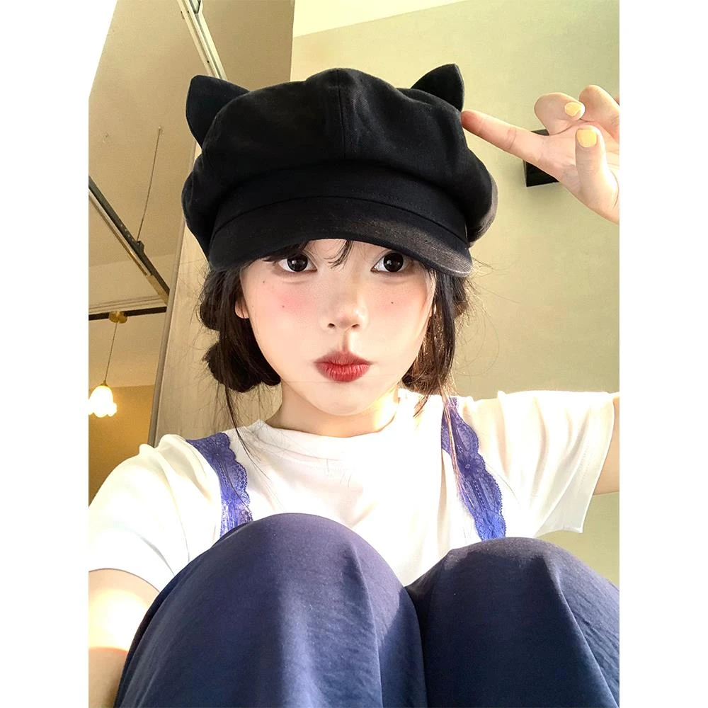 可爱猫耳朵贝雷帽女日系百搭显脸小八角帽复古大头围黑色画家帽子