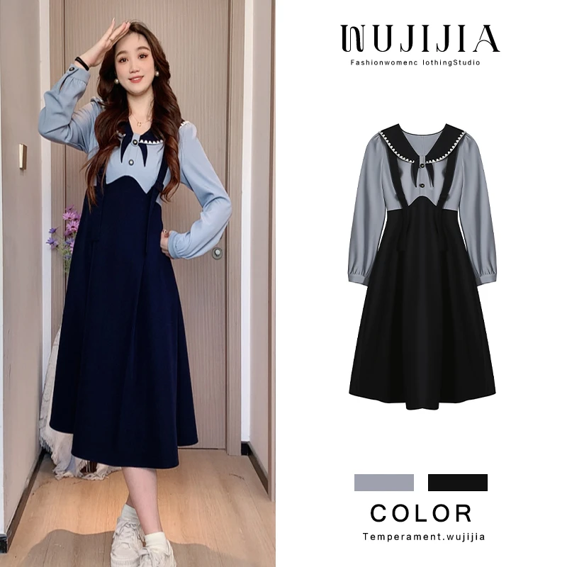 藏青拼蓝连衣裙ZL110096