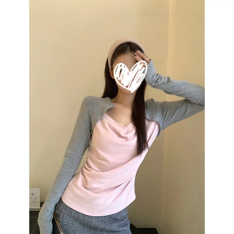 法式荡领温柔长袖撞色假两件T恤女装秋冬修身显瘦内搭打底上衣