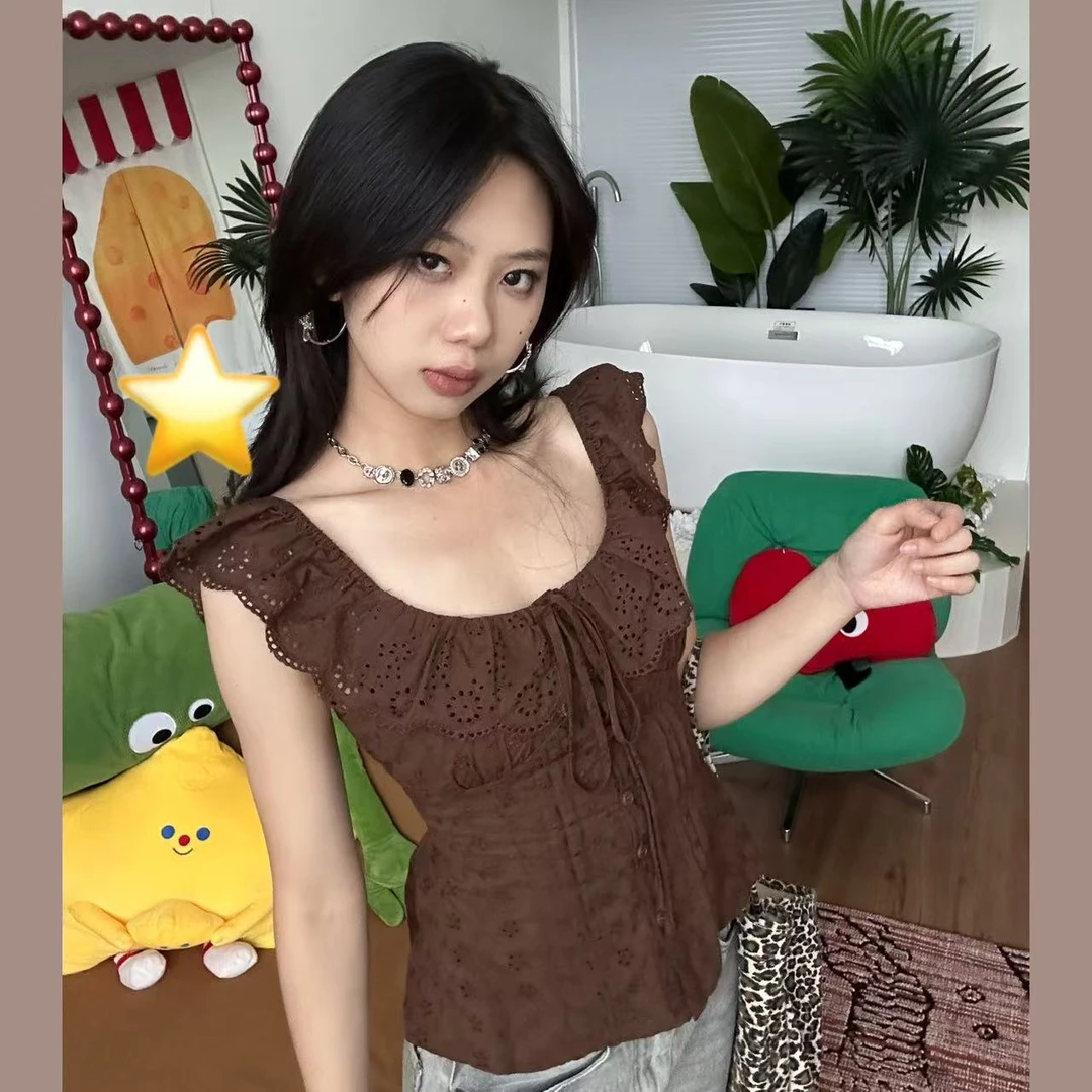 Pp“布朗尼”|虎皮卷法式荷叶边衬衫夏季修身收腰上衣短袖#S25658