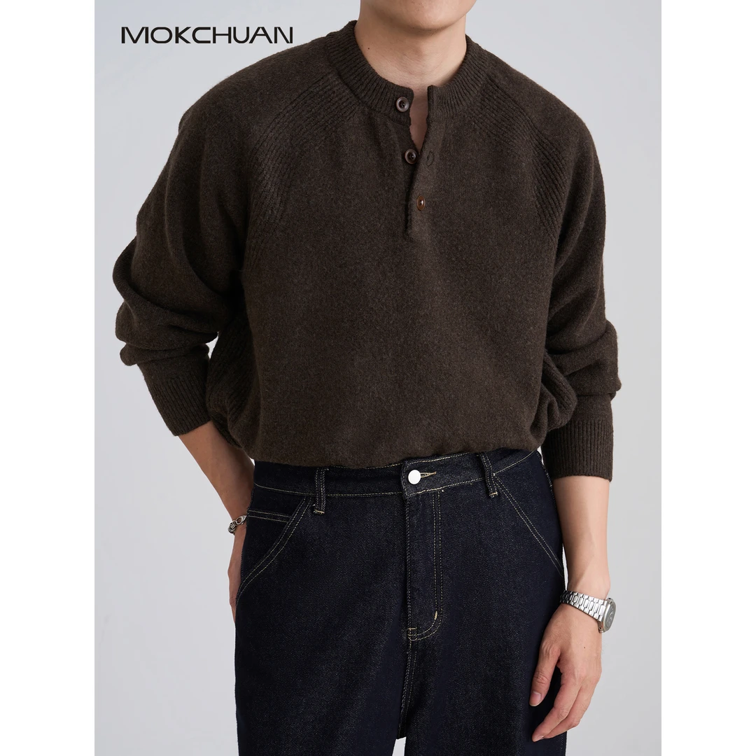 MOKCHUAN秋冬老钱重磅保暖肌理感毛衣宽松休闲POLO针织衫衬衫男