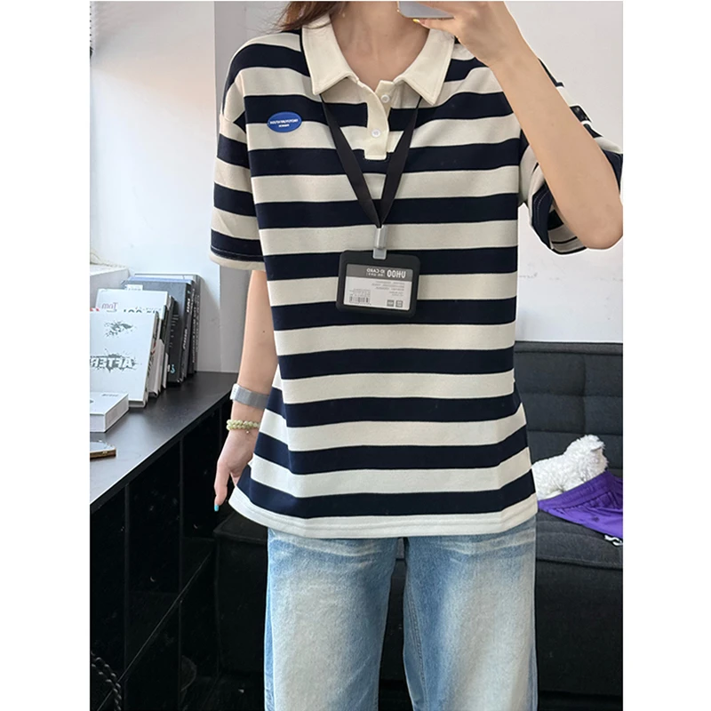 美式潮牌蓝白条纹polo衫男女夏季高级感宽松短袖学院风少年感T恤