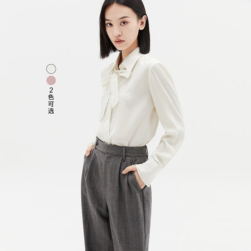 【商场同款】LILY冬季进口韩国绒优雅飘带通勤长袖衬衫123410C4202