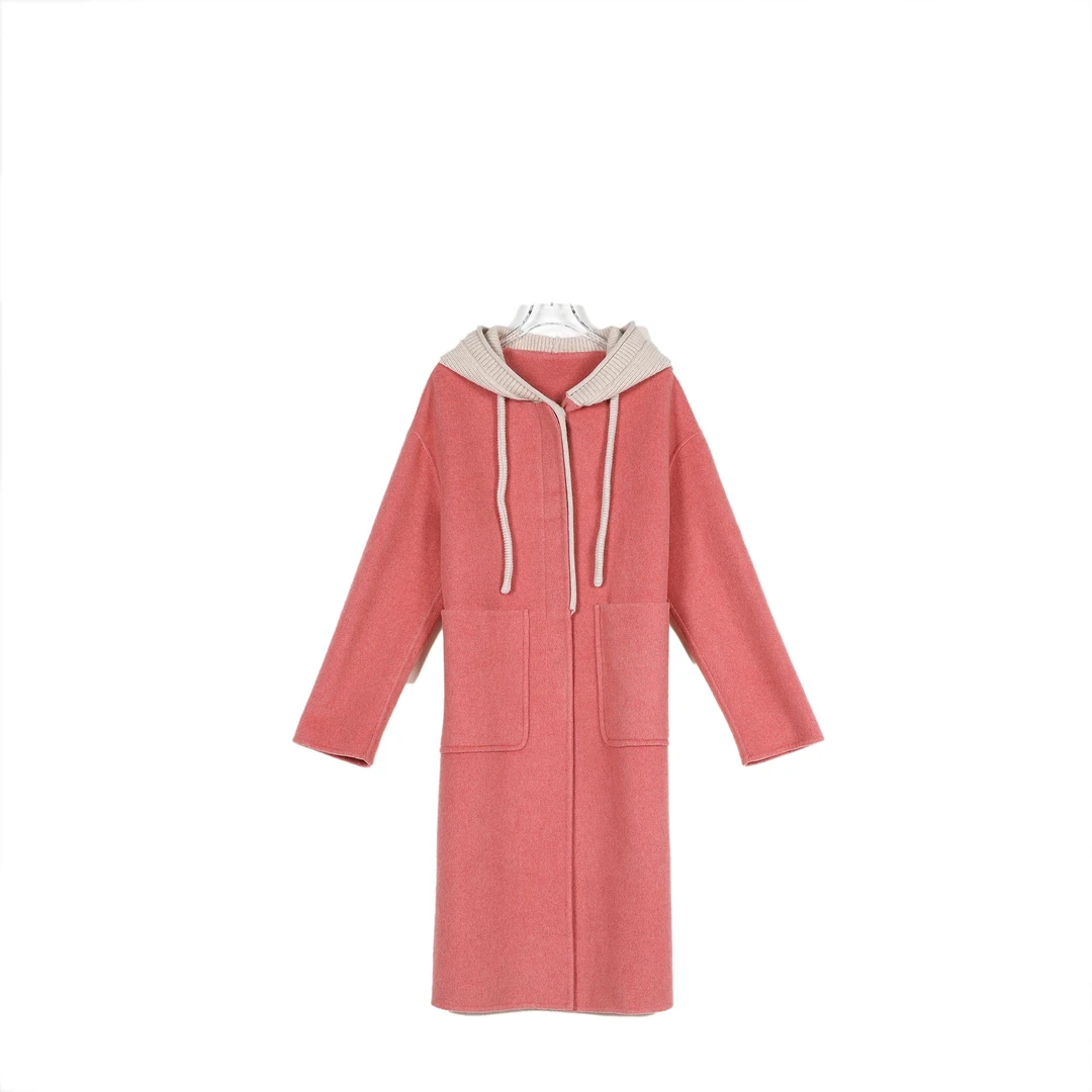 针织连帽长款绵羊毛大衣8513