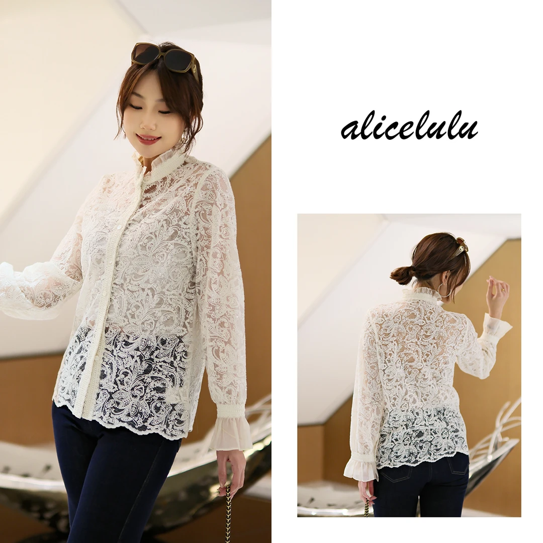alicelulu 蕾丝木耳花边长袖衬衫减龄气质喇叭袖 810613T